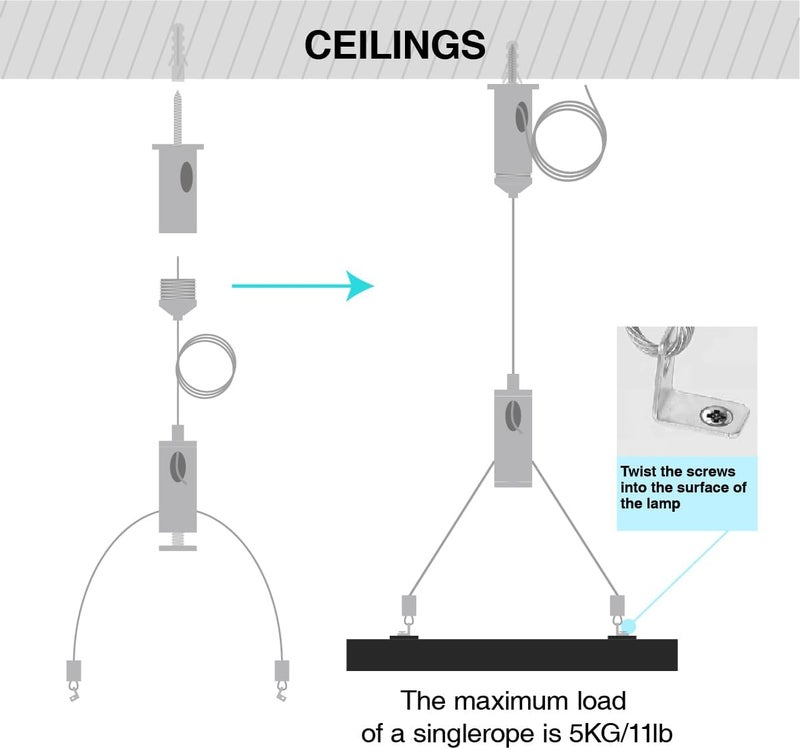 cezelux 6 Set Picture Hanging Wires Lighting Light Suspension Kit 5ft Adjustable Luminaire Hanging Wire, 2ft Not Adjustable Steel Hanging Chains for Commercial Aquarium LED Panel Light LED Shop Lights - Image 4